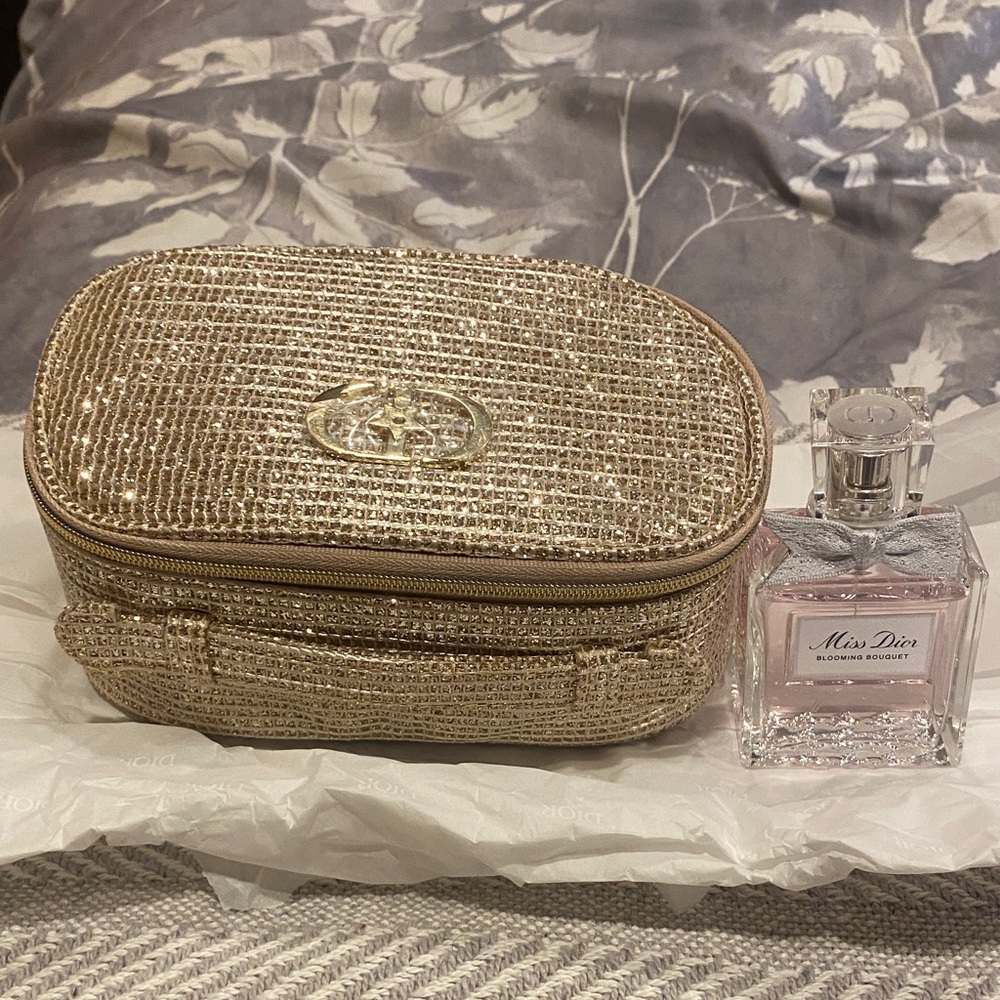 Dior Gold Sequin Cosmetic Bag With Miss Dior Perfume!